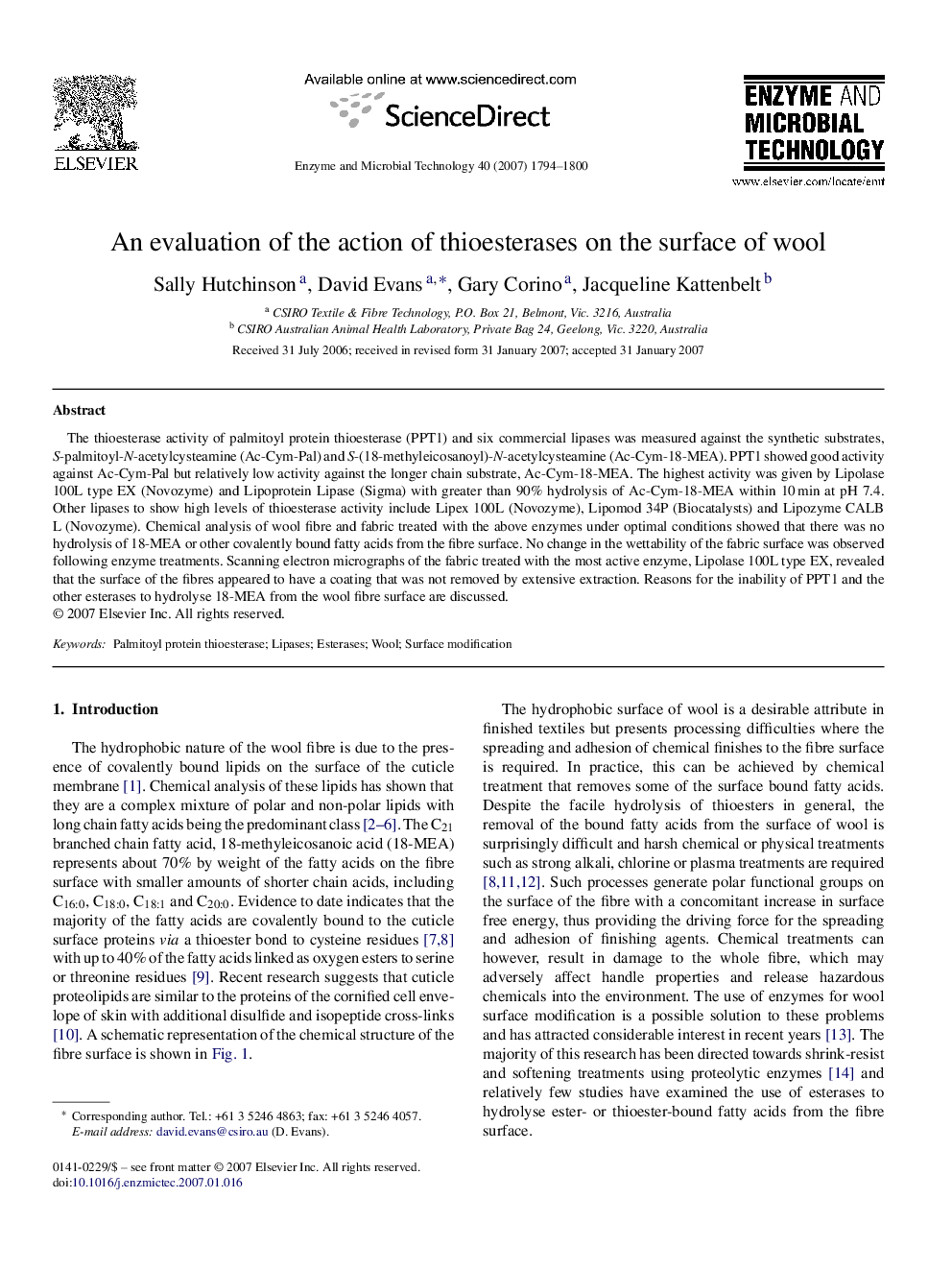 An evaluation of the action of thioesterases on the surface of wool