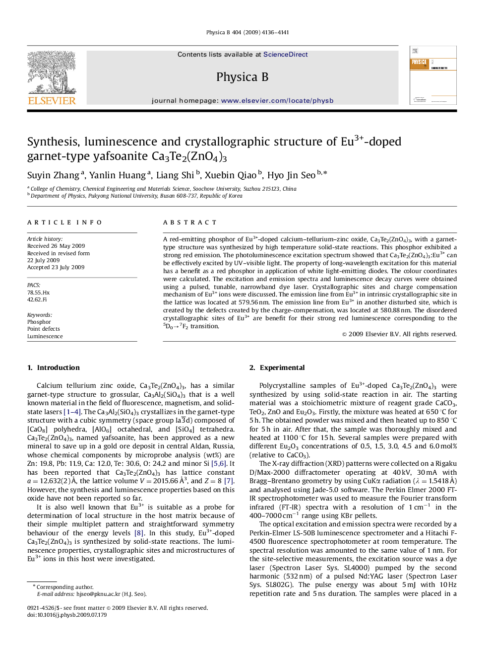 Synthesis, luminescence and crystallographic structure of Eu3+-doped garnet-type yafsoanite Ca3Te2(ZnO4)3