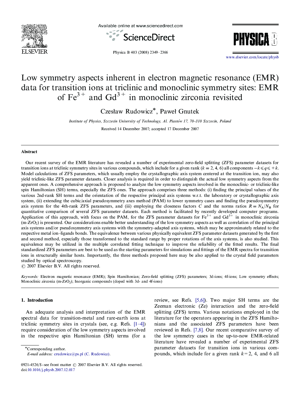 Low symmetry aspects inherent in electron magnetic resonance (EMR) data for transition ions at triclinic and monoclinic symmetry sites: EMR of Fe3+ and Gd3+ in monoclinic zirconia revisited