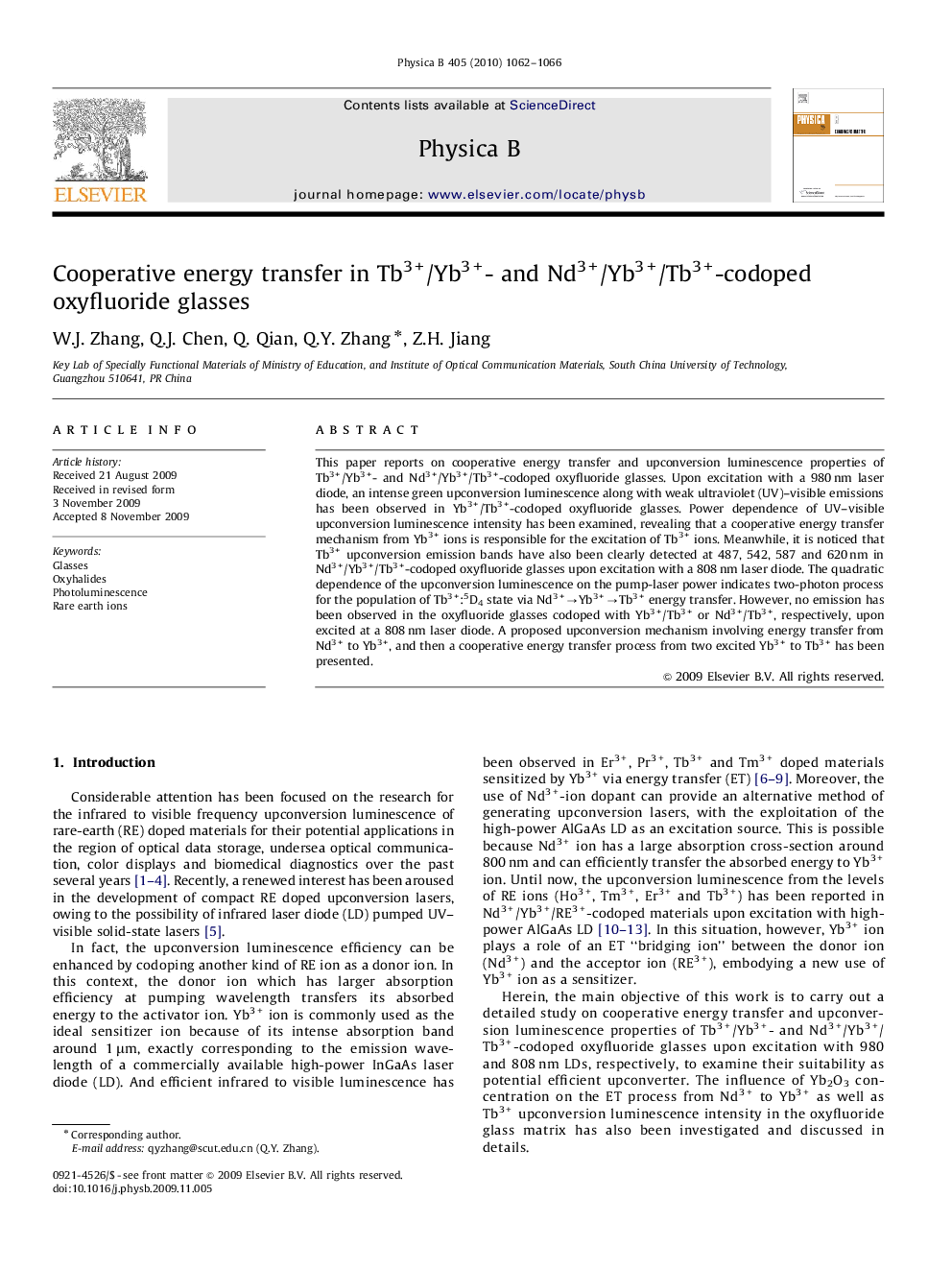 Cooperative energy transfer in Tb3+/Yb3+- and Nd3+/Yb3+/Tb3+-codoped oxyfluoride glasses