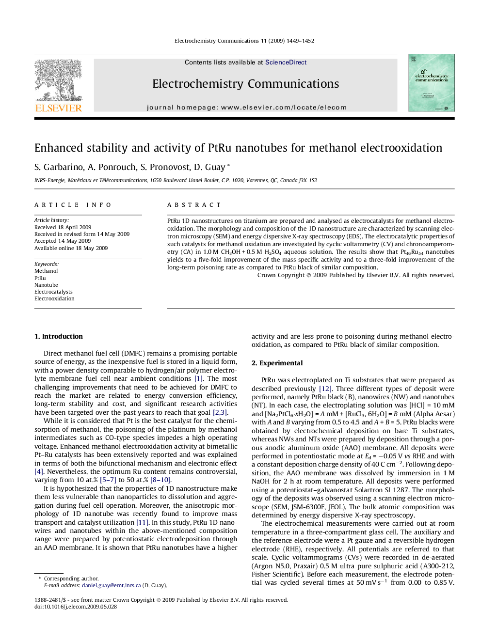 عکس صفحه اول مقاله: Enhanced stability and activity of PtRu nanotubes for methanol electrooxidation Enhanced stability and activity of PtRu nanotubes for methanol electrooxidation
