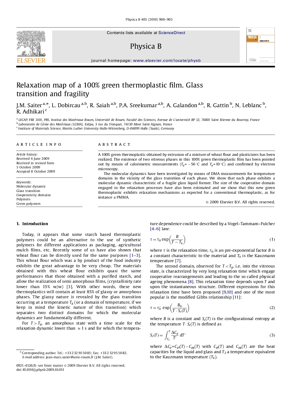 Relaxation map of a 100% green thermoplastic film. Glass transition and fragility