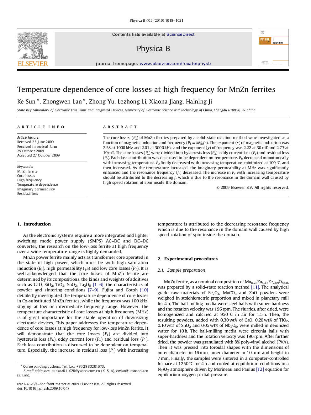 Temperature dependence of core losses at high frequency for MnZn ferrites