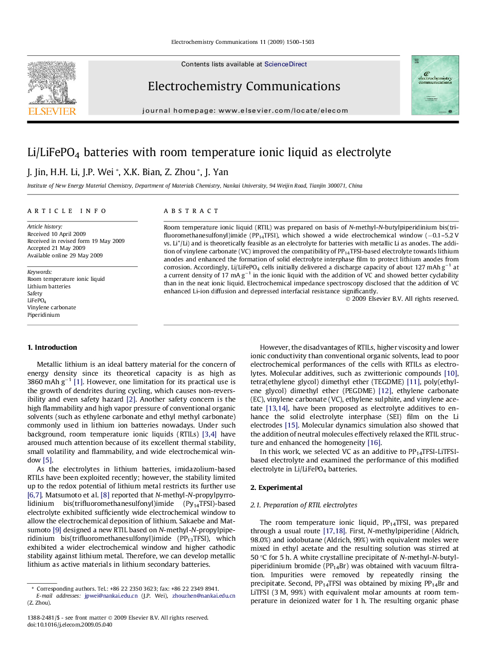 Li/LiFePO4 batteries with room temperature ionic liquid as electrolyte