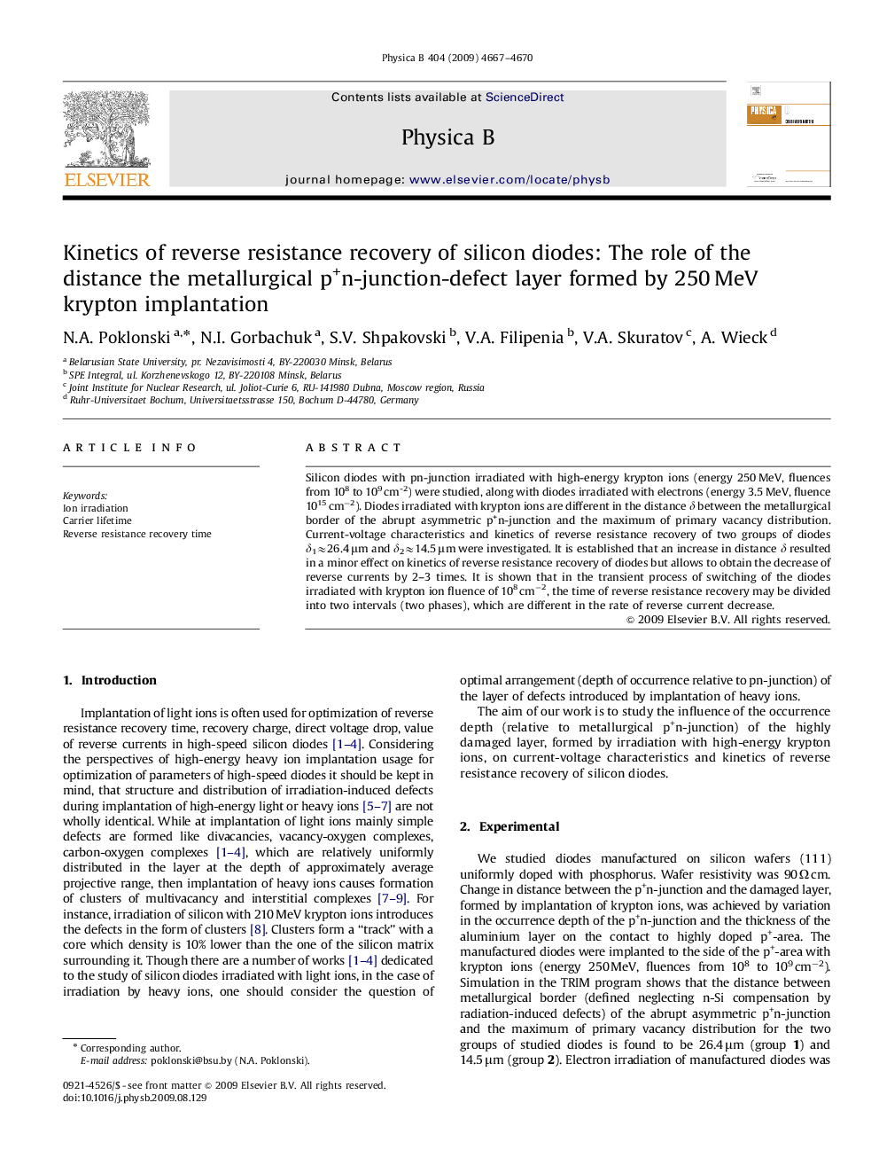 Kinetics of reverse resistance recovery of silicon diodes: The role of the distance the metallurgical p+n-junction-defect layer formed by 250Â MeV krypton implantation