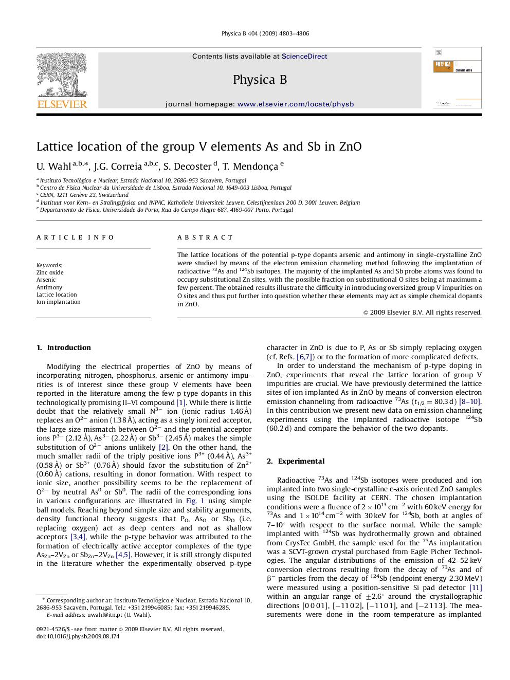 Lattice location of the group V elements As and Sb in ZnO