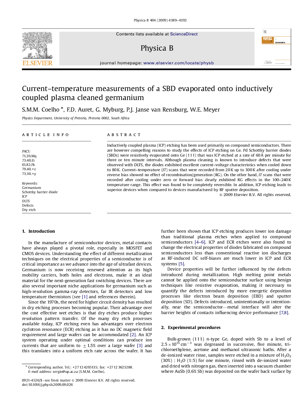 Current-temperature measurements of a SBD evaporated onto inductively coupled plasma cleaned germanium