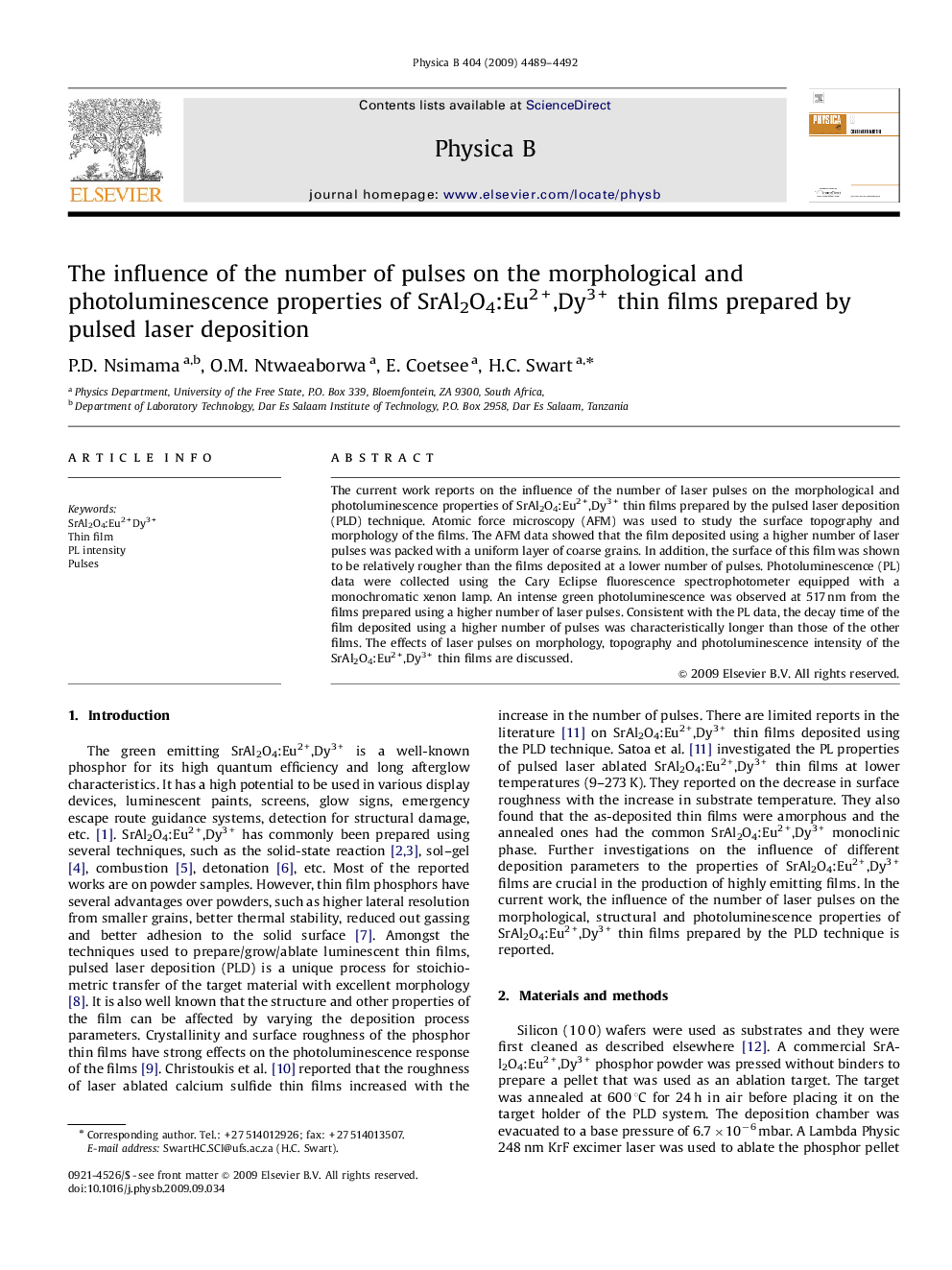 The influence of the number of pulses on the morphological and photoluminescence properties of SrAl2O4:Eu2+,Dy3+ thin films prepared by pulsed laser deposition