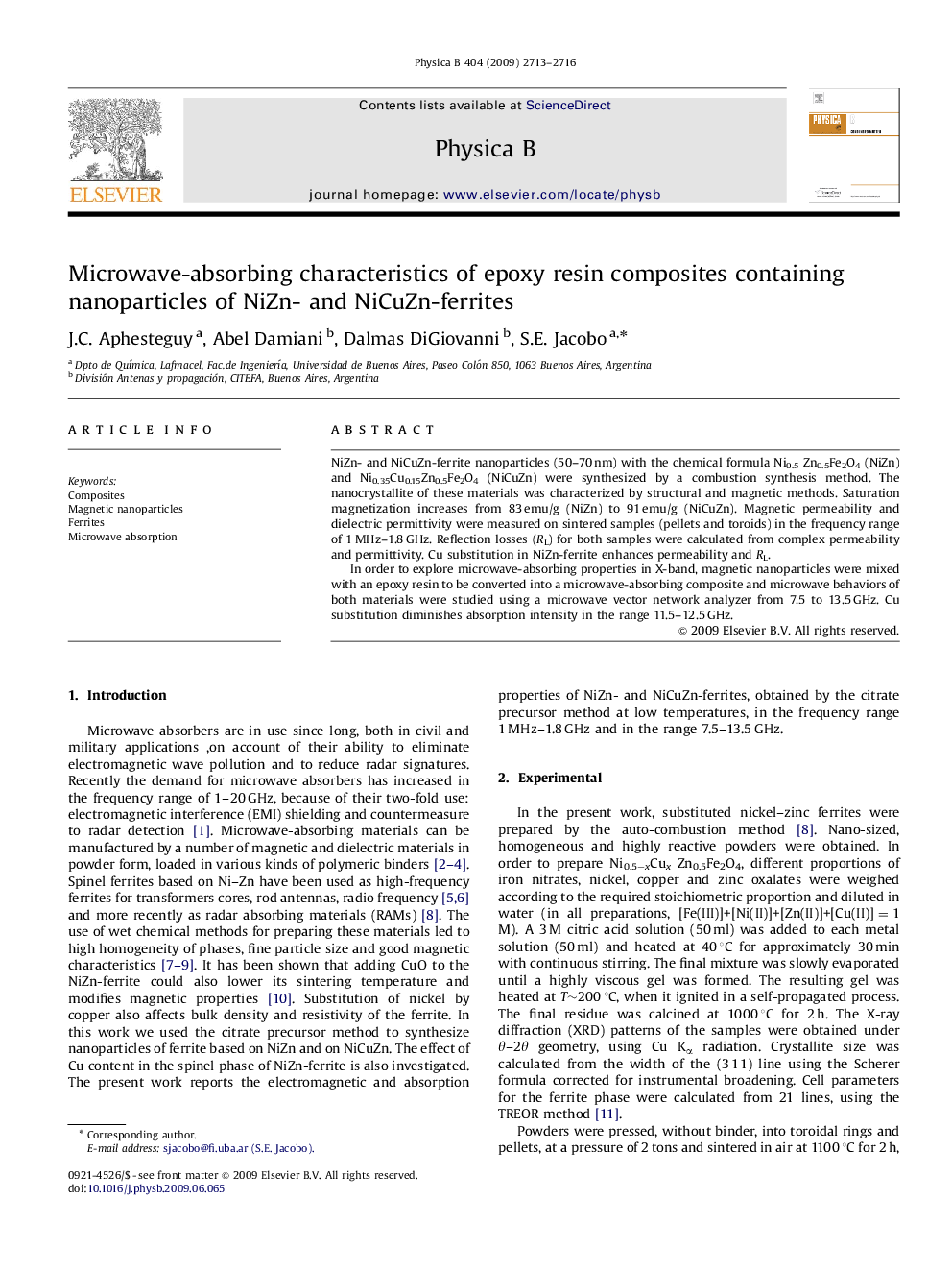 Microwave-absorbing characteristics of epoxy resin composites containing nanoparticles of NiZn- and NiCuZn-ferrites