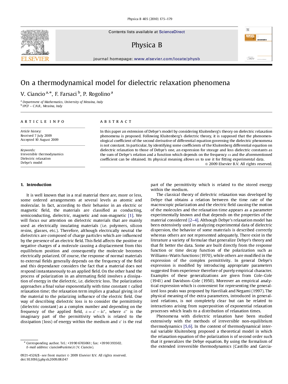 On a thermodynamical model for dielectric relaxation phenomena