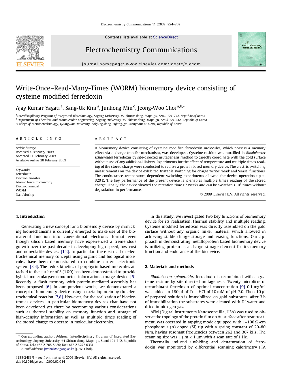 Write-Once–Read-Many-Times (WORM) biomemory device consisting of cysteine modified ferredoxin