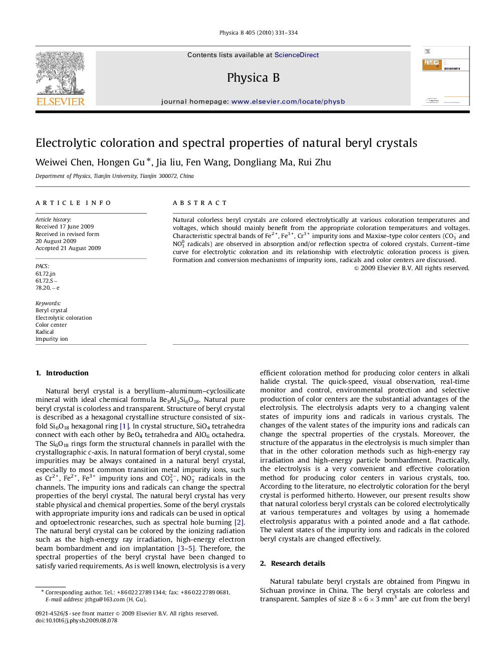 Electrolytic coloration and spectral properties of natural beryl crystals