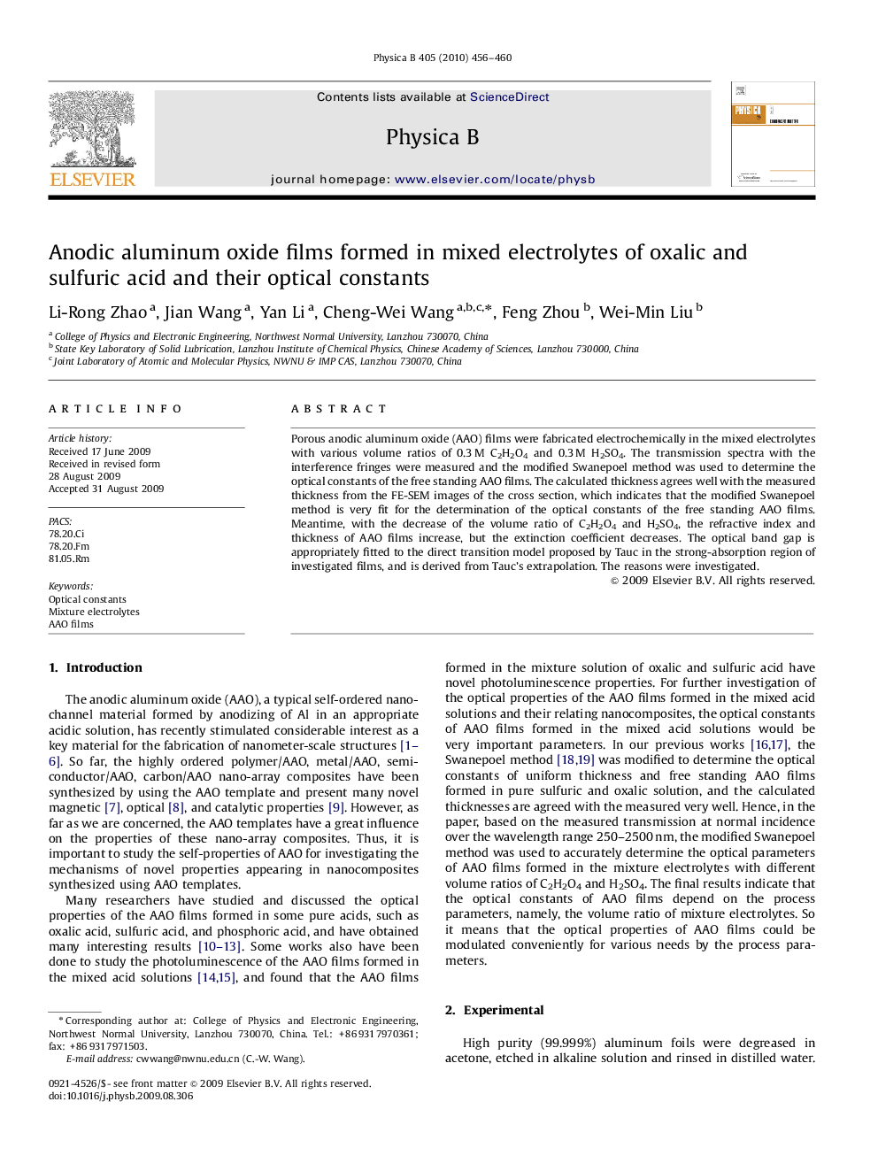 Anodic aluminum oxide films formed in mixed electrolytes of oxalic and sulfuric acid and their optical constants