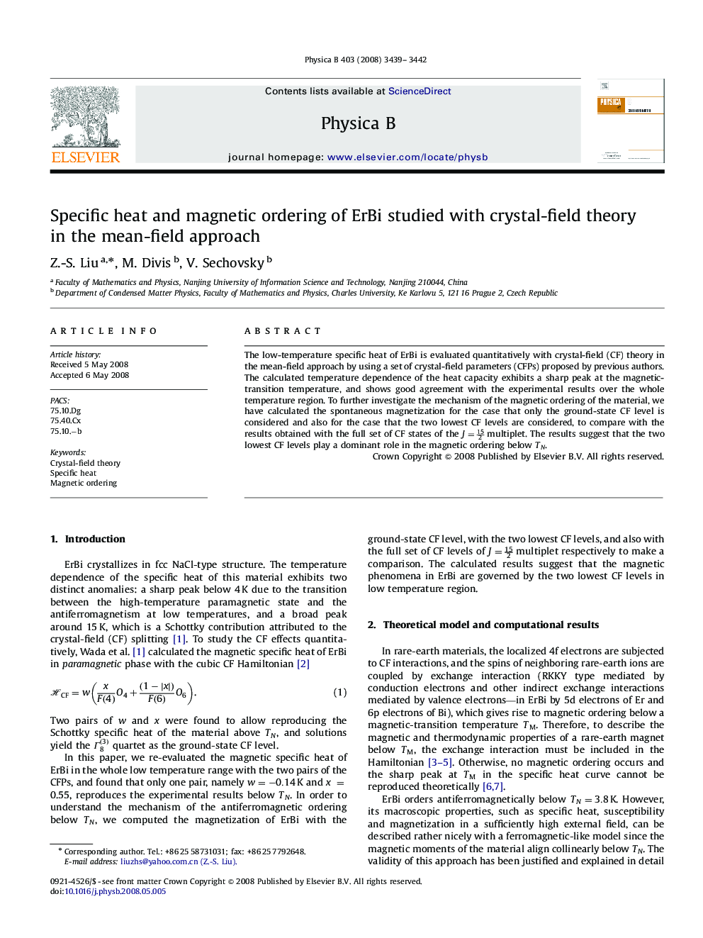 Specific heat and magnetic ordering of ErBi studied with crystal-field theory in the mean-field approach