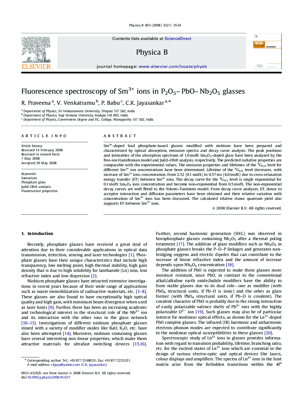 Fluorescence spectroscopy of Sm3+ ions in P2O5–PbO–Nb2O5 glasses