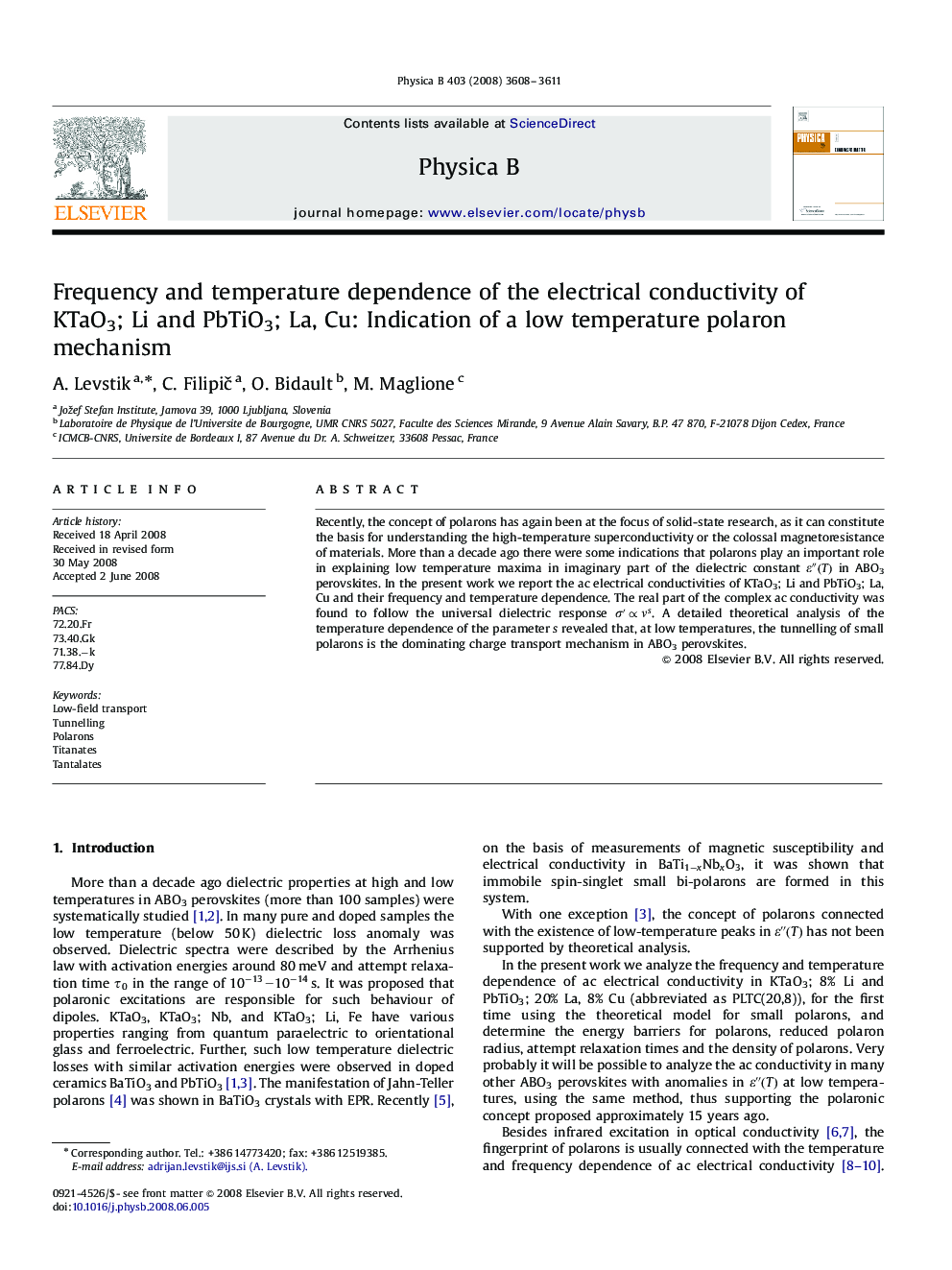 Frequency and temperature dependence of the electrical conductivity of KTaO3; Li and PbTiO3; La, Cu: Indication of a low temperature polaron mechanism