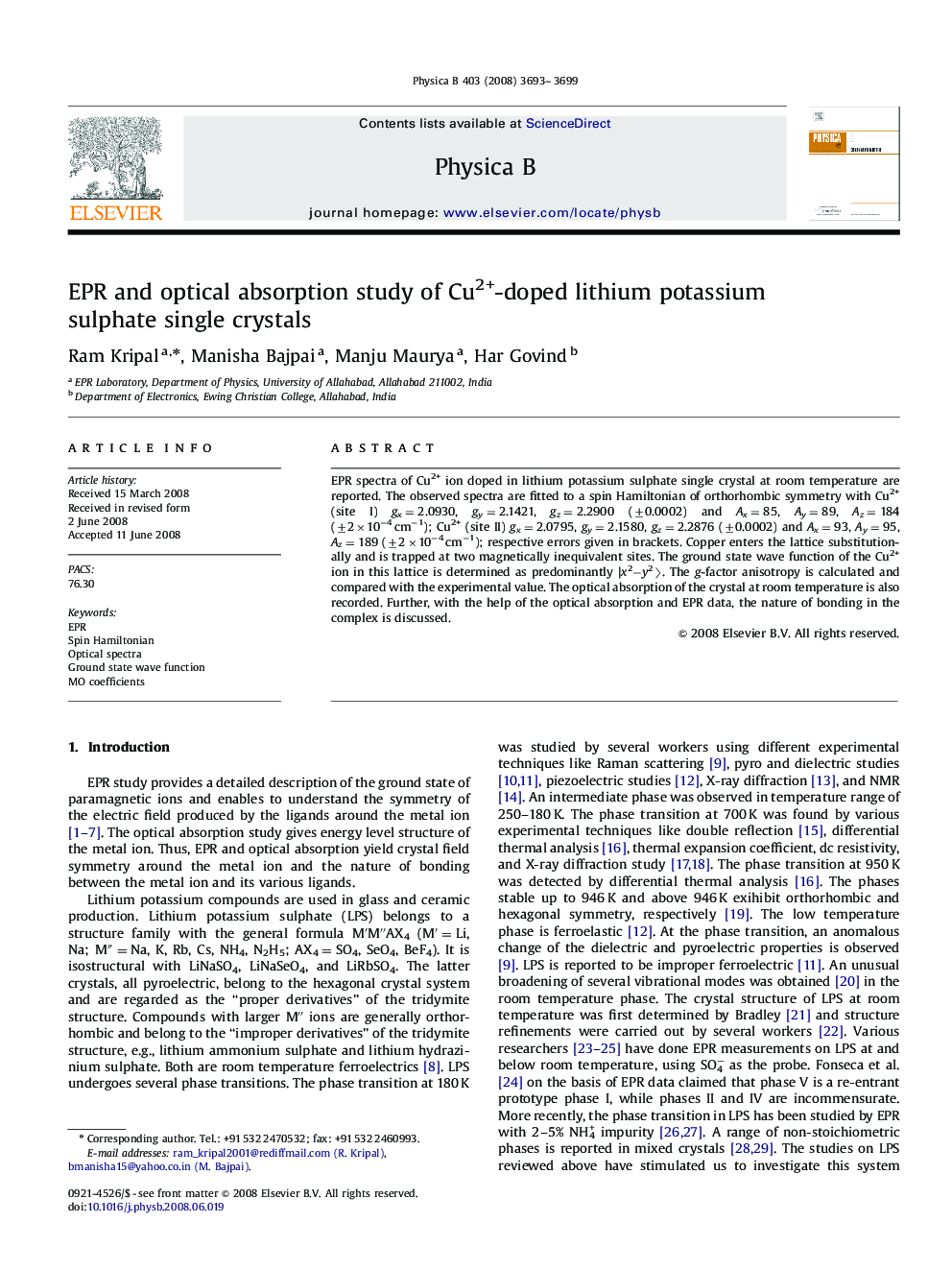 EPR and optical absorption study of Cu2+-doped lithium potassium sulphate single crystals