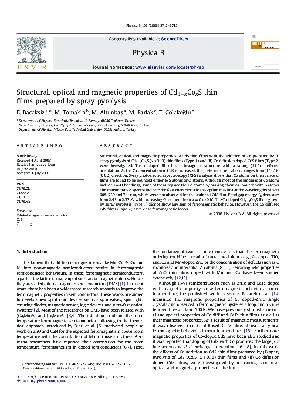 Structural, optical and magnetic properties of Cd1−xCoxS thin films prepared by spray pyrolysis