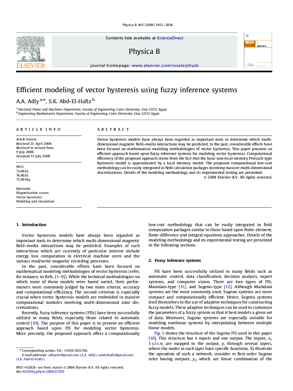 Efficient modeling of vector hysteresis using fuzzy inference systems