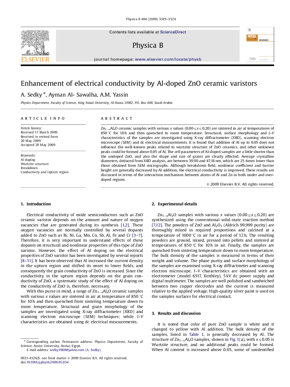 Enhancement of electrical conductivity by Al-doped ZnO ceramic varistors