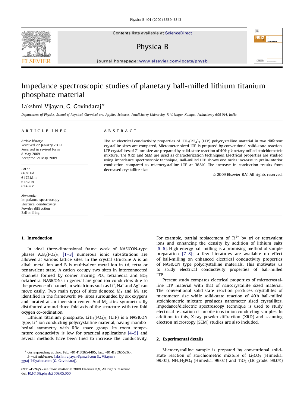 Impedance spectroscopic studies of planetary ball-milled lithium titanium phosphate material