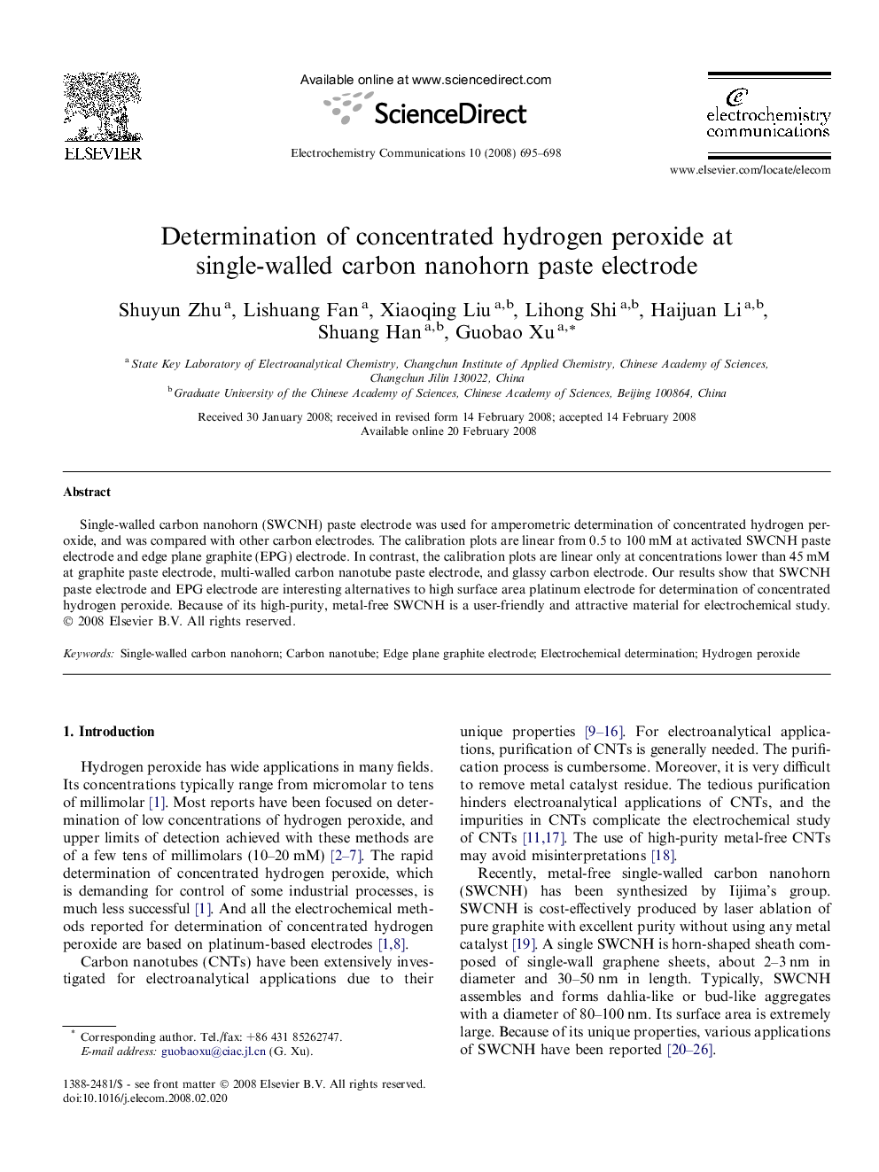 Determination of concentrated hydrogen peroxide at single-walled carbon nanohorn paste electrode