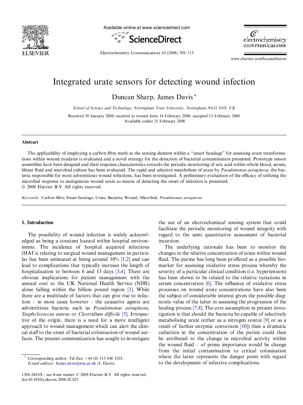 Integrated urate sensors for detecting wound infection