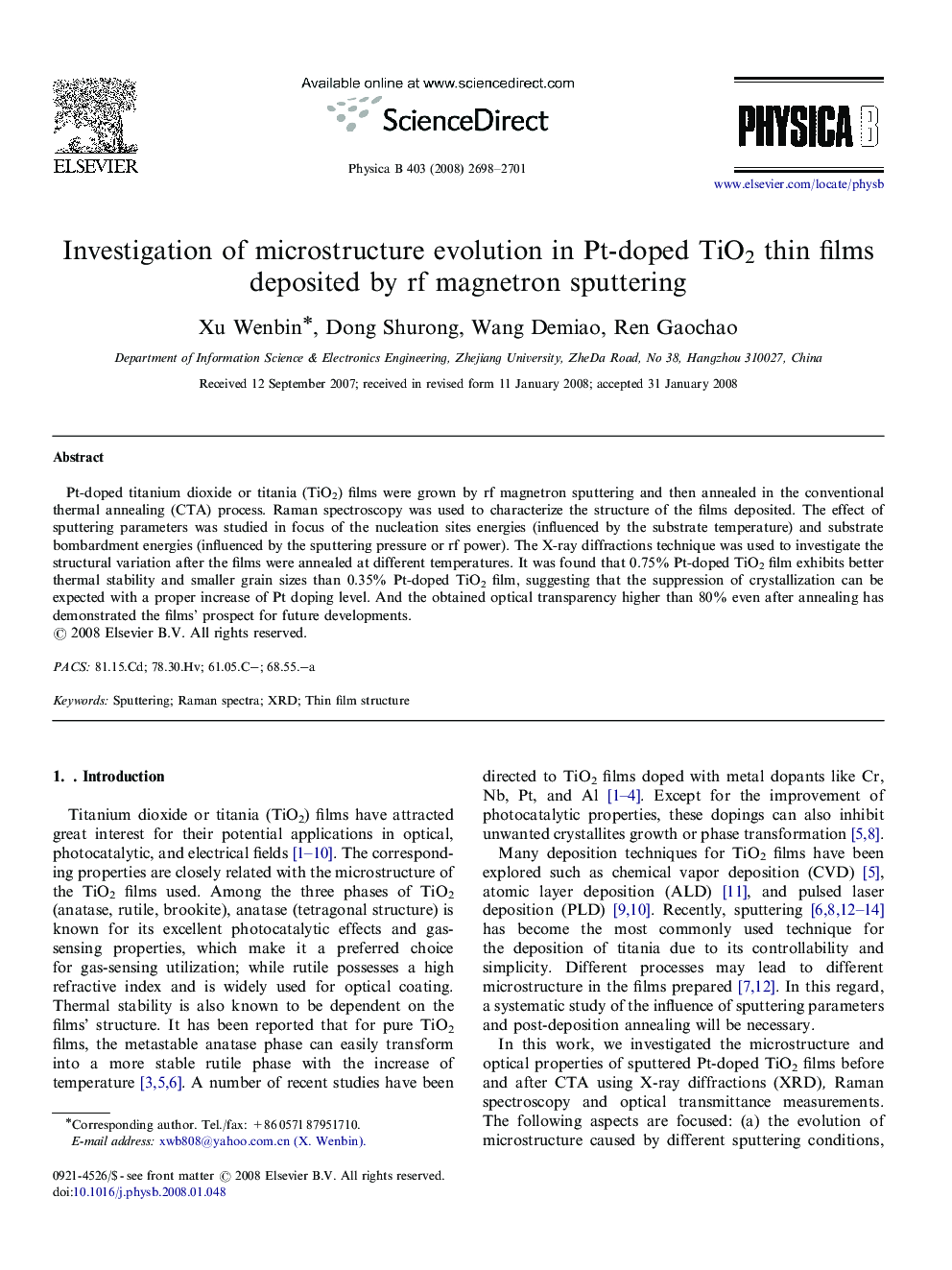 Investigation of microstructure evolution in Pt-doped TiO2 thin films deposited by rf magnetron sputtering