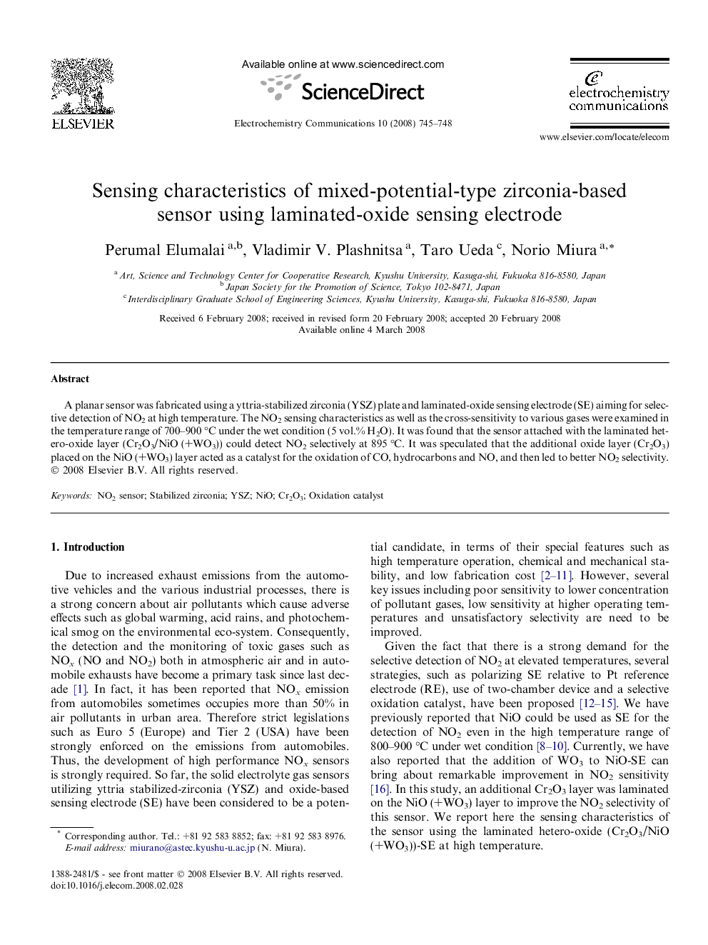 Sensing characteristics of mixed-potential-type zirconia-based sensor using laminated-oxide sensing electrode