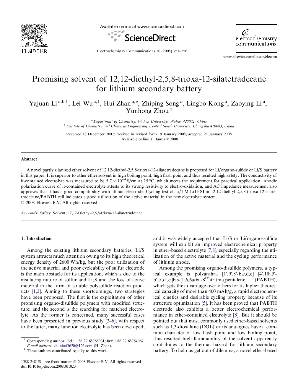 عکس صفحه اول مقاله: Promising solvent of 12,12-diethyl-2,5,8-trioxa-12-silatetradecane for lithium secondary battery Promising solvent of 12,12-diethyl-2,5,8-trioxa-12-silatetradecane for lithium secondary battery