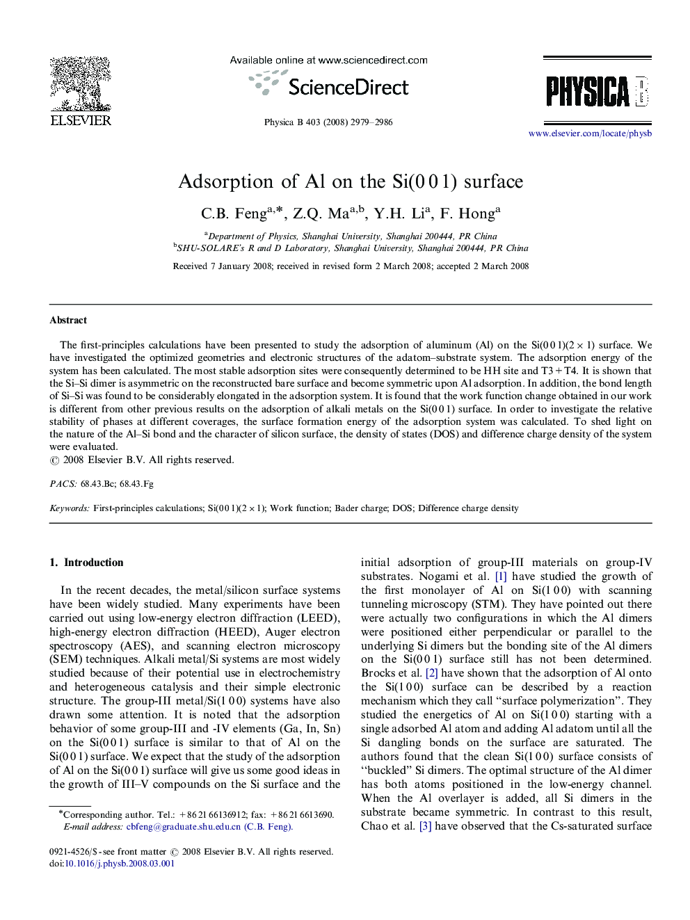 Adsorption of Al on the Si(0 0 1) surface