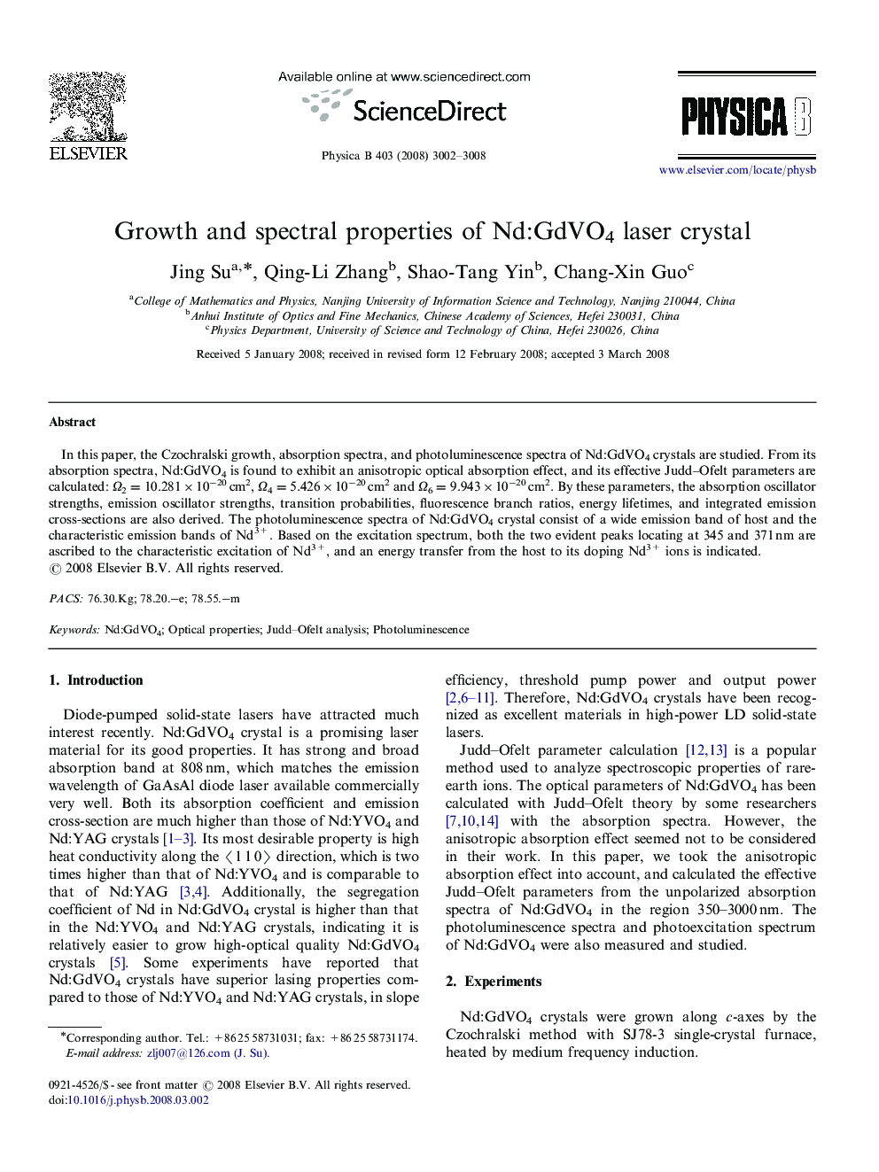Growth and spectral properties of Nd:GdVO4 laser crystal