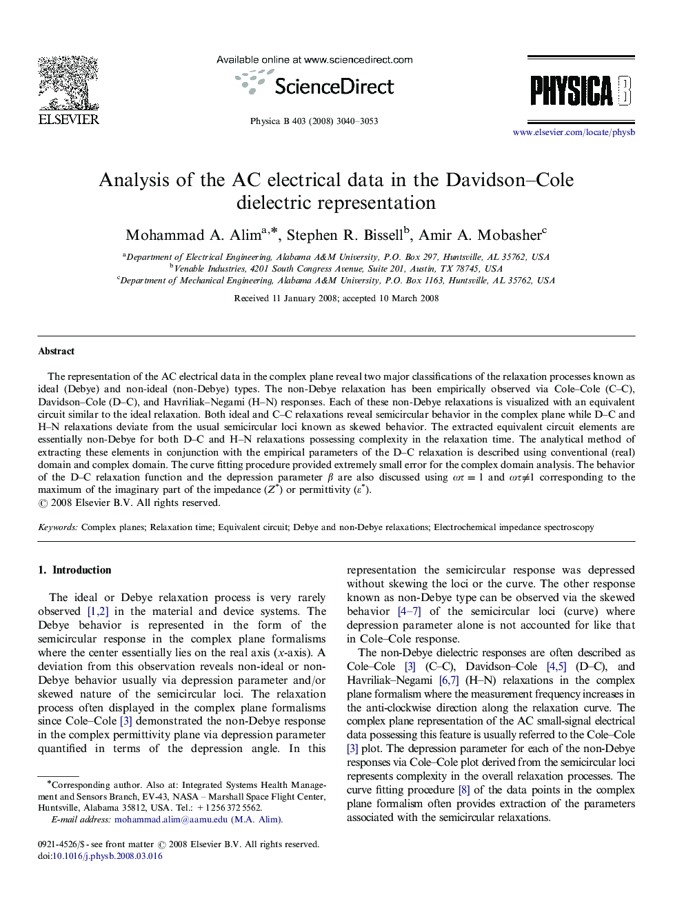 Analysis of the AC electrical data in the Davidson–Cole dielectric representation