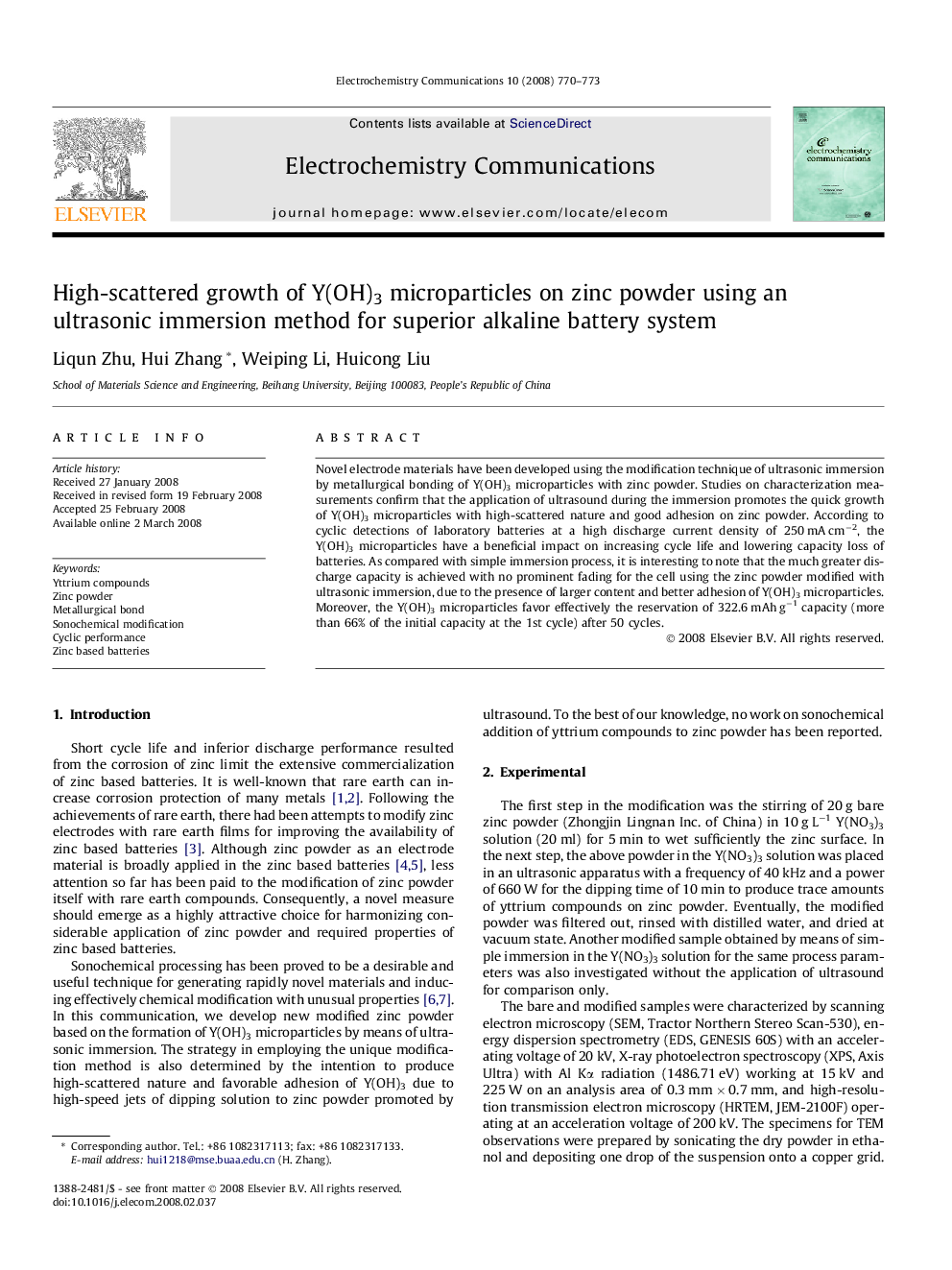 High-scattered growth of Y(OH)3 microparticles on zinc powder using an ultrasonic immersion method for superior alkaline battery system