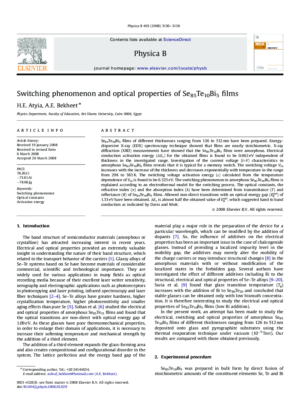 Switching phenomenon and optical properties of Se85Te10Bi5 films