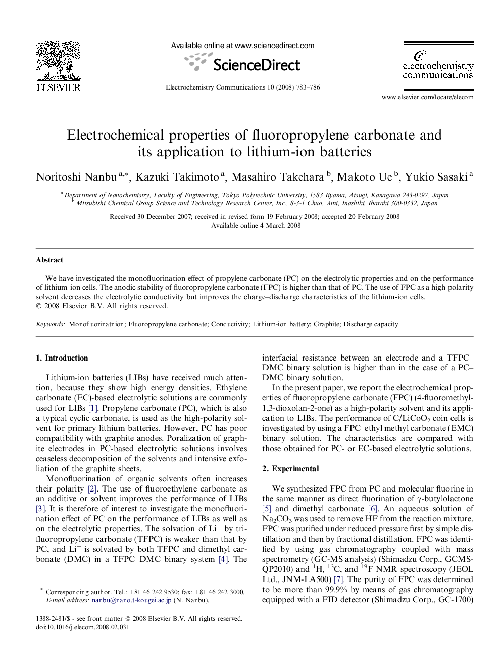 Electrochemical properties of fluoropropylene carbonate and its application to lithium-ion batteries