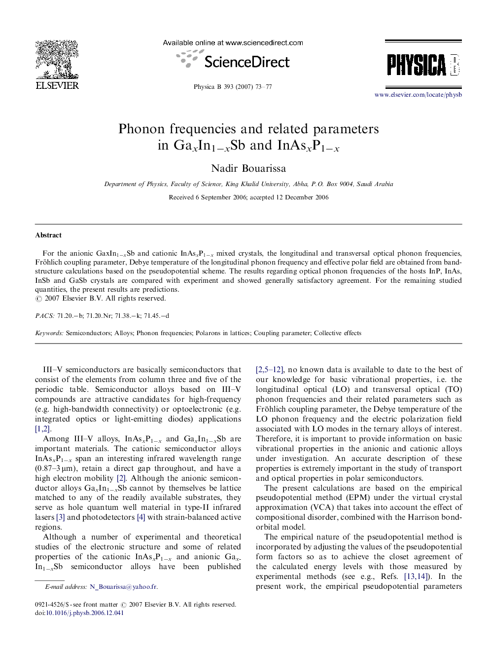 Phonon frequencies and related parameters in GaxIn1âxSb and InAsxP1âx