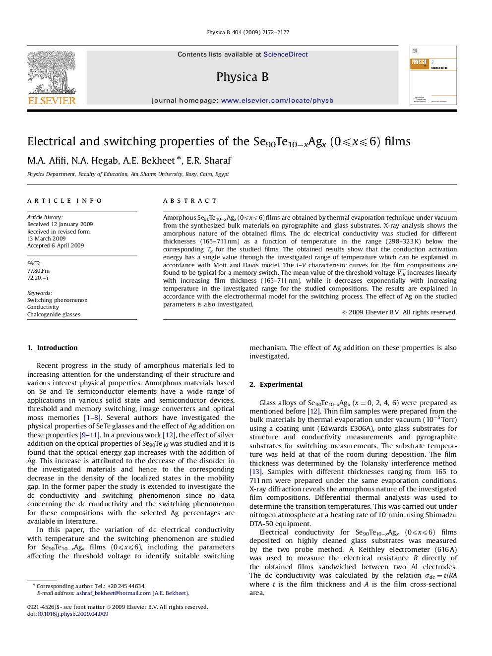 Electrical and switching properties of the Se90Te10−xAgx (0⩽x⩽6) films