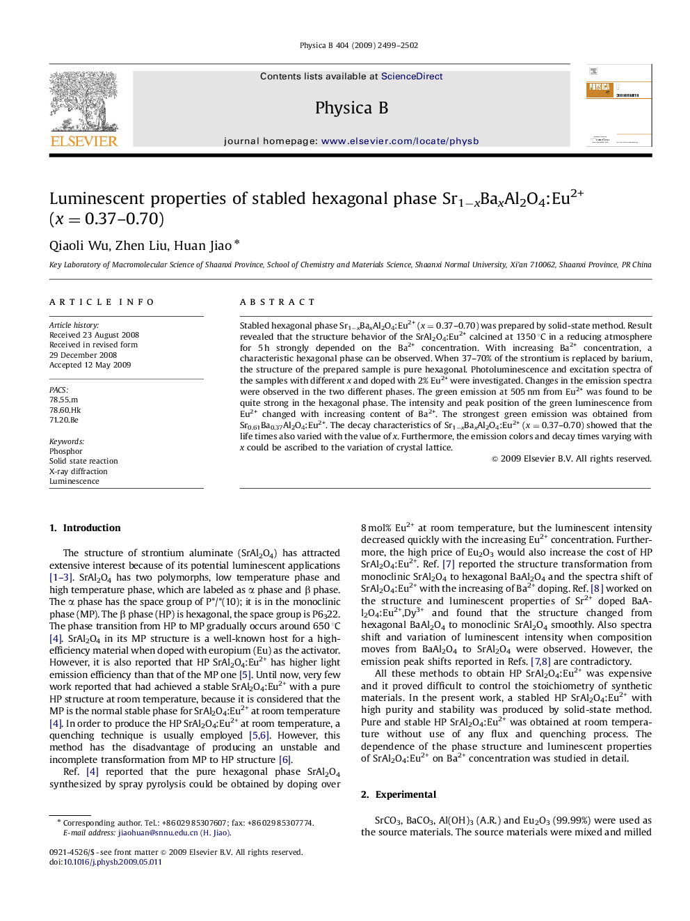 Luminescent properties of stabled hexagonal phase Sr1−xBaxAl2O4:Eu2+ (x=0.37–0.70)