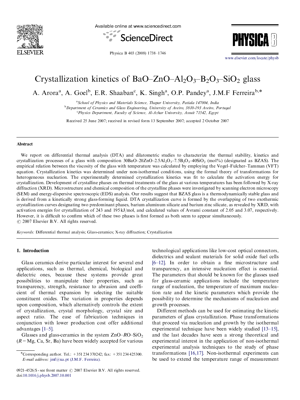 Crystallization kinetics of BaO–ZnO–Al2O3–B2O3–SiO2 glass