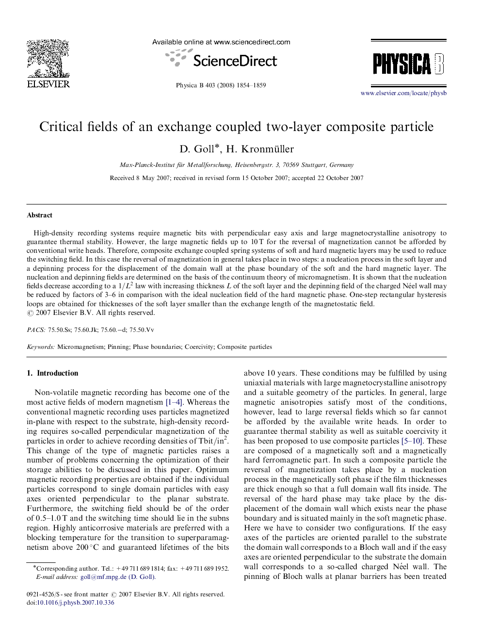 Critical fields of an exchange coupled two-layer composite particle