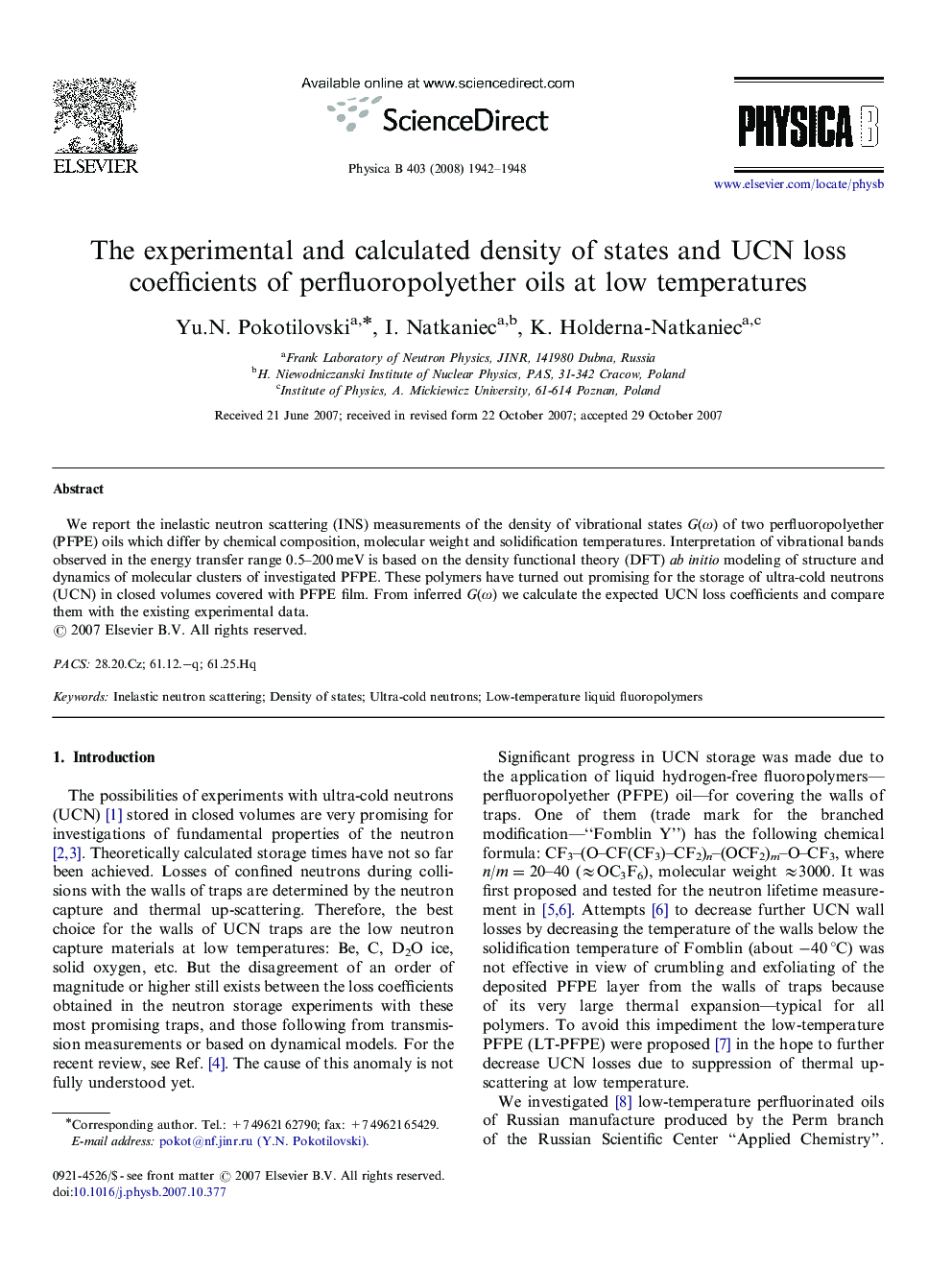 The experimental and calculated density of states and UCN loss coefficients of perfluoropolyether oils at low temperatures