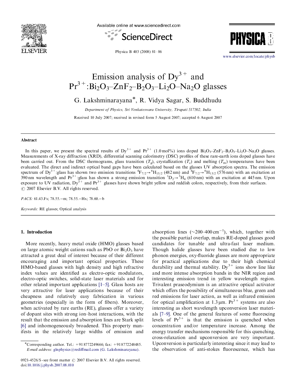 Emission analysis of Dy3+ and Pr3+:Bi2O3-ZnF2-B2O3-Li2O-Na2O glasses