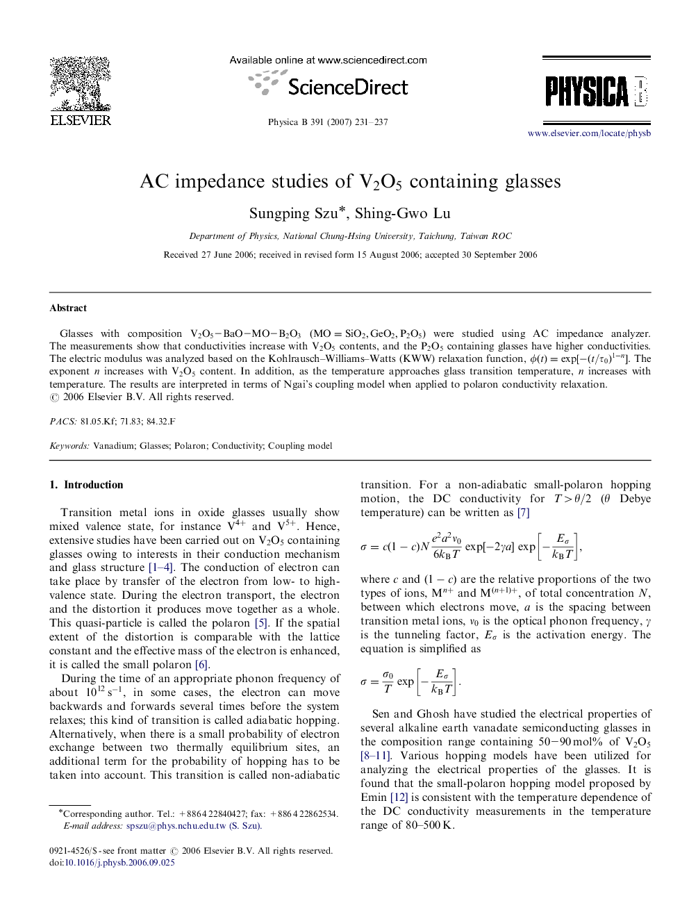 AC impedance studies of V2O5V2O5 containing glasses