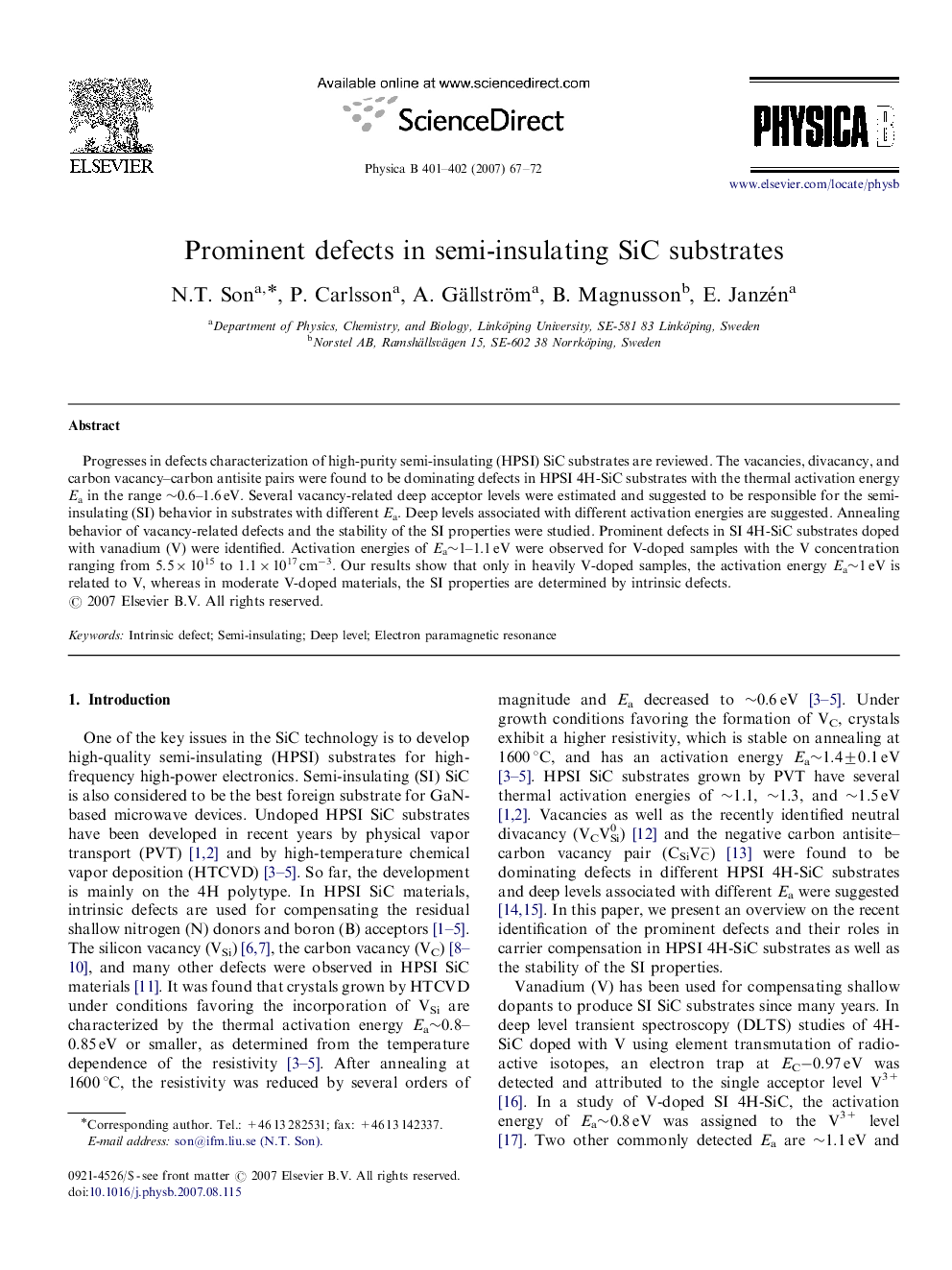 Prominent defects in semi-insulating SiC substrates