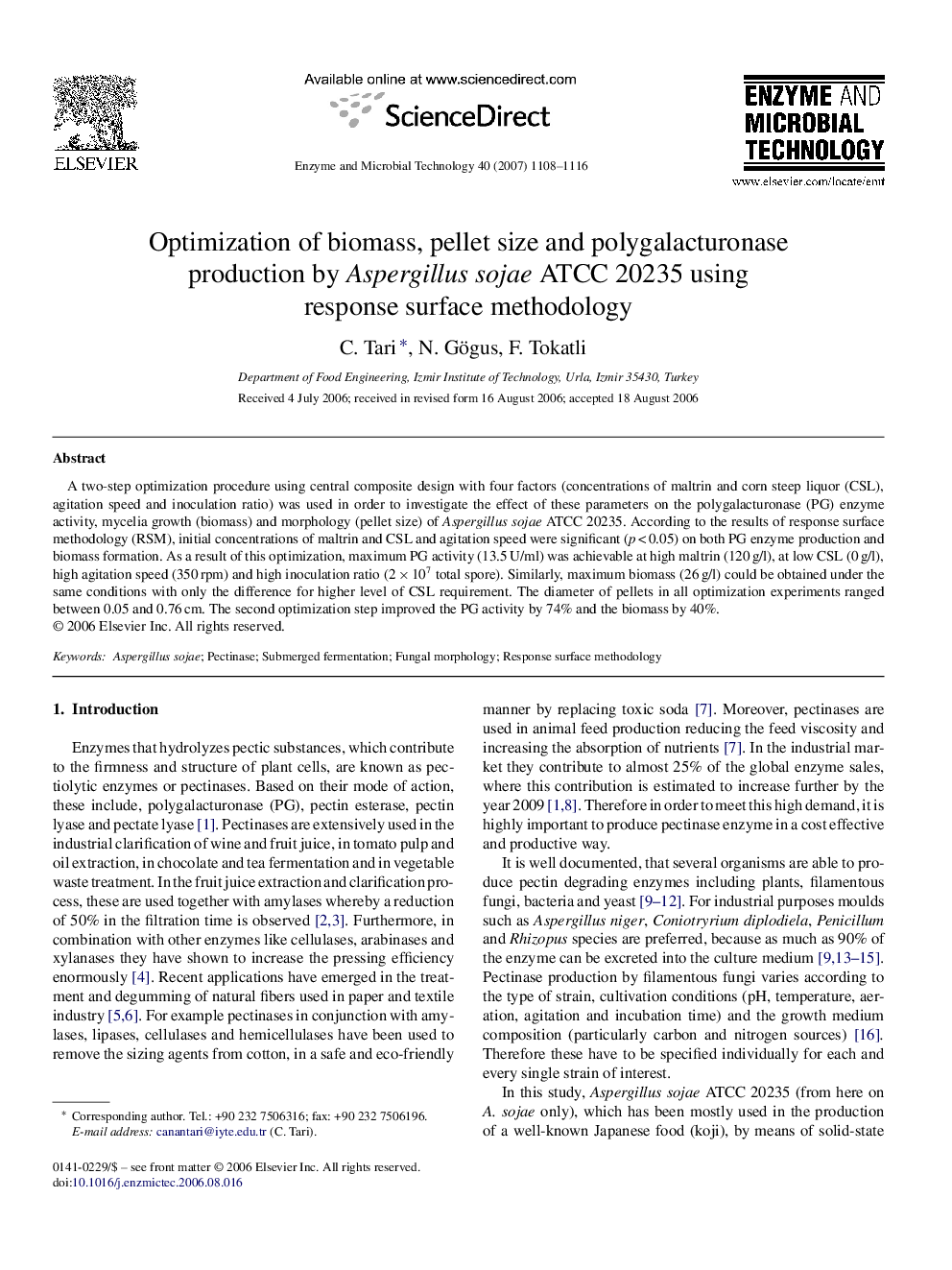 Optimization of biomass, pellet size and polygalacturonase production by Aspergillus sojae ATCC 20235 using response surface methodology