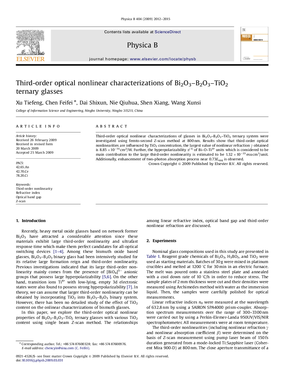 Third-order optical nonlinear characterizations of Bi2O3–B2O3–TiO2 ternary glasses