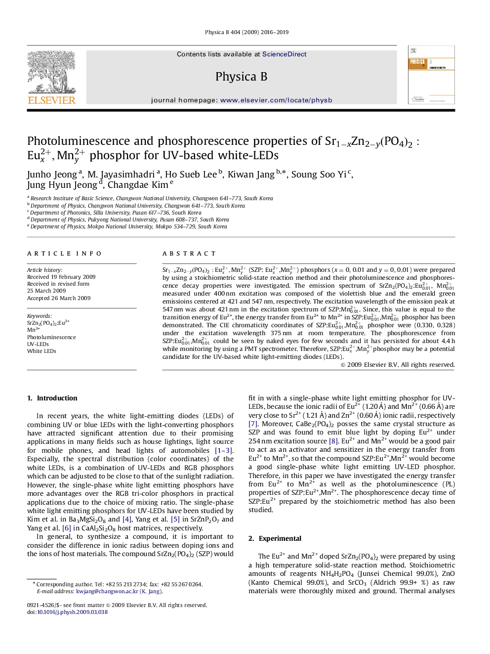 Photoluminescence and phosphorescence properties of Sr1-xZn2-y(PO4)2:Eux2+,Mny2+ phosphor for UV-based white-LEDs