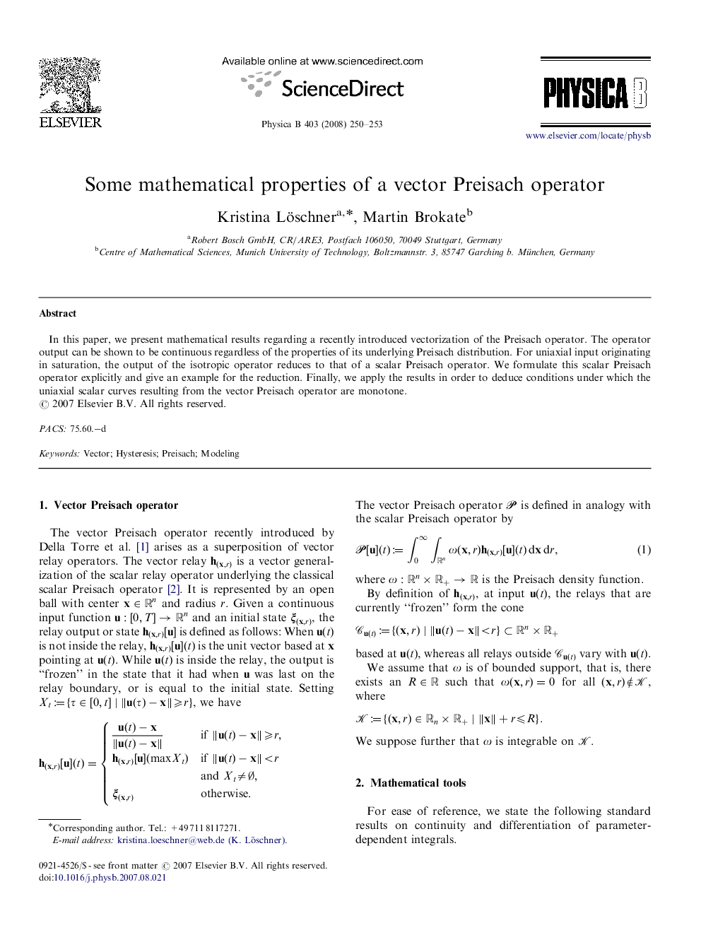 Some mathematical properties of a vector Preisach operator