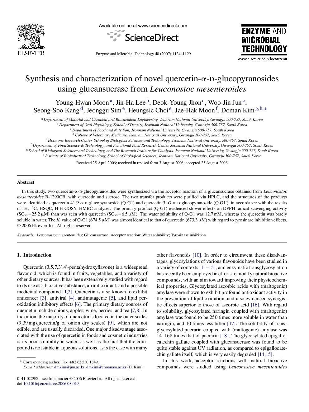 Synthesis and characterization of novel quercetin-α-d-glucopyranosides using glucansucrase from Leuconostoc mesenteroides